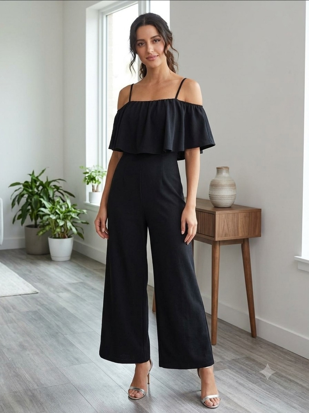 Off-Shoulder Wide-Leg Jumpsuit in Black